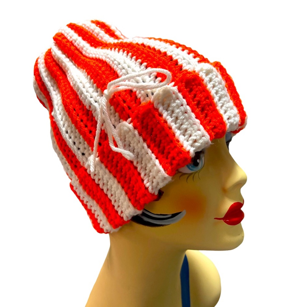 Bright orange and white striped crochet knit homemade hat brand new!